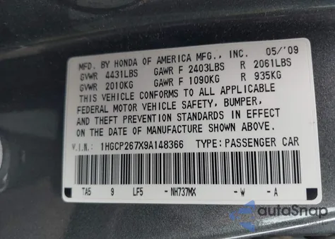 2009 Honda Accord 2.4 Ex from USA, damaged, VIN 1HGCP267X9A148366